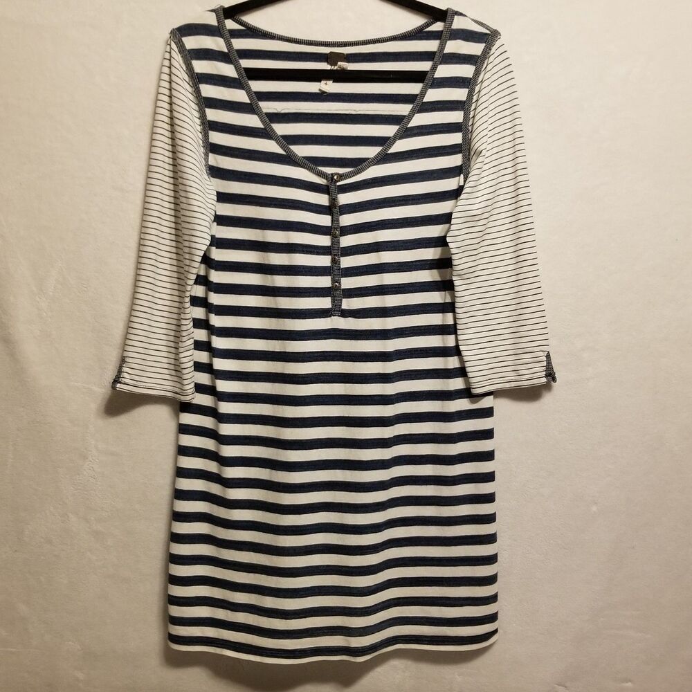 We The Free M Top Henley Blue Striped Jersey Knit Long Line Nautical Coastal